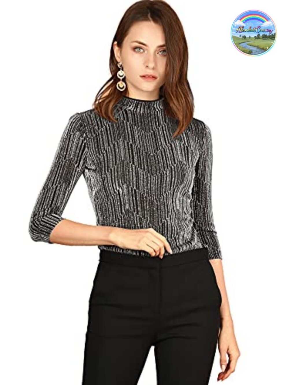Allegra K Women Glitter Metallic 3/4 Sleeve Party Top Mock Neck